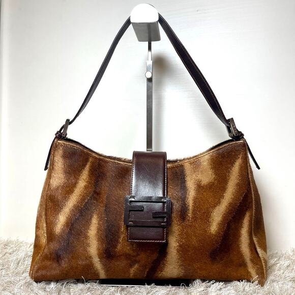 Fendi Handbags - Authentic FENDI Mamma Bucket Baguette Calf Hair Pony Print Brown Shoulder Bag